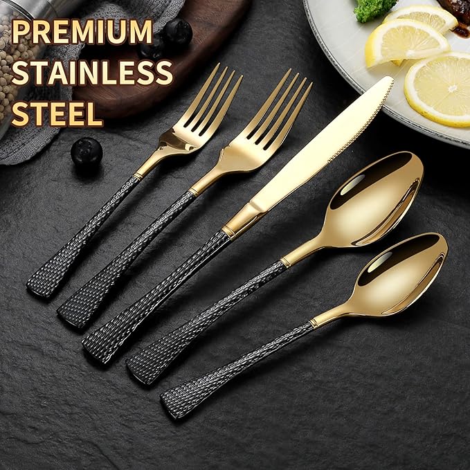 Hammered Black Gold Silverware Set for 8,Stainless Steel 40-Piece Modern Cutlery Set,Mirror Polished Heavy Duty Flatware Set Utensil Set,Knives Spoons and Forks Set,Dishwasher Safe-Ruum Studio Home