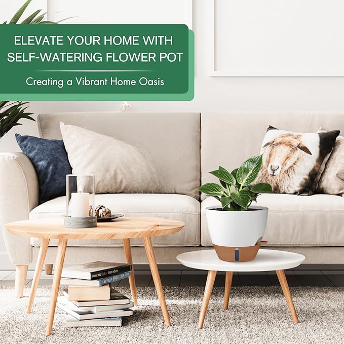 montresor 2 Pack 10 inch Plant Pots, PP Plastic Self Watering Plant Pot with Drainage and Tray for Indoor Outdoor Plants, Water Level Window & Reservoir Flower Pots Decorative Planter (White)-Ruum Studio Home
