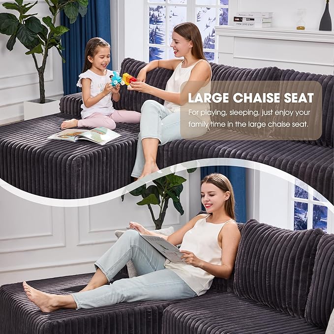 Hobestluk 96“ Modular Sectional Sofa Couches L-Shape Couch 3 Seat Modular Sofa Memory Foam Sectional Couches for Living Room, Cloud Couch with Oversized Chaise (Grey, Stripe (Left Facing Chaise))-Ruum Studio Home