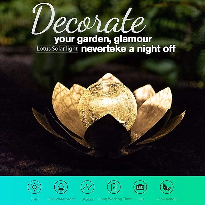 Garden Solar Light Outdoor(2Pack), Amber Crackle Globe Glass Lotus Decoration, Waterproof Gary Metal LED Flower Lights for Patio,Lawn,Walkway,Tabletop, Garden Gifts for Women-Ruum Studio Home