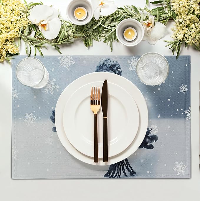 Snowman Placemats Set of 4, 12x18 Inch Winter Cute Blue Snowman Snowflake Table Mats Seasonal Christmas Holiday Washable Linen Fabric Place Mats for Farmhouse Party Kitchen Dining Decor-Ruum Studio Home
