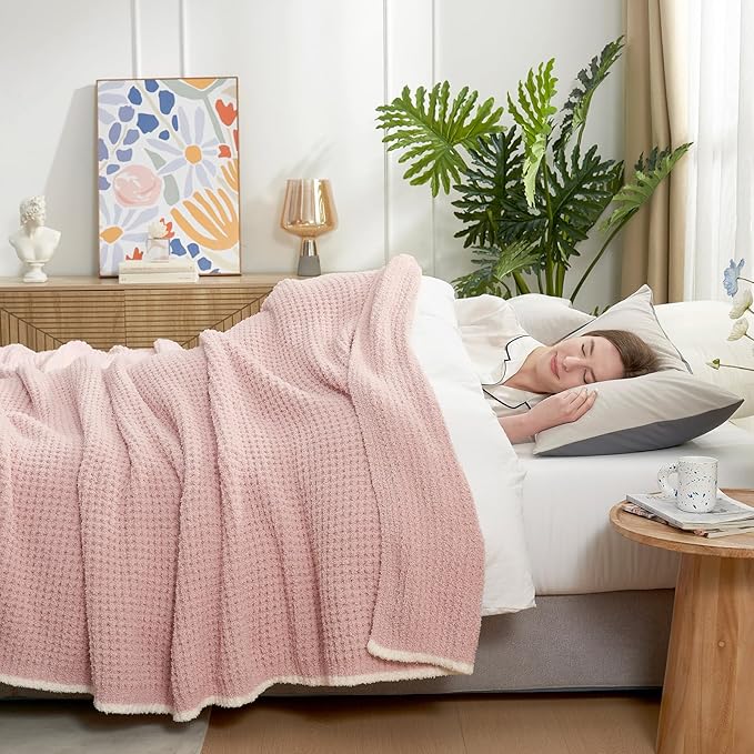 Snuggle Sac Pink Waffle Bedding Blankets Queen Size 90x90 inches, Reversible Microfiber Fluffy Fuzzy Soft Throw Cozy Knit Blanket for Women Mothers Birthday Gifts-Ruum Studio Home