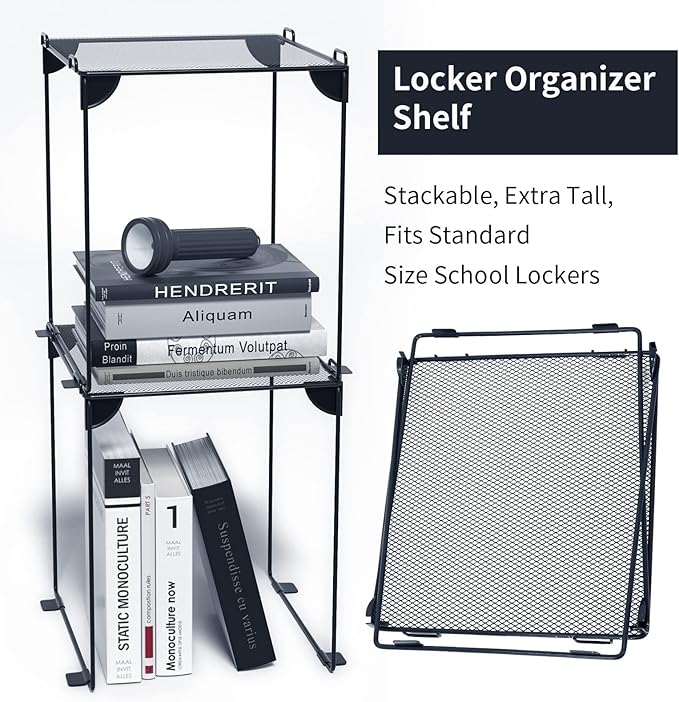 Neudeco Pack 2, Mesh Locker Shelf, Stackable Extra Tall Locker Organizer, Collapsible and Metal Build, Fits Standard Size School Locker, Suitable for Work, Kitchen, Bathroom (Grey)-Ruum Studio Home
