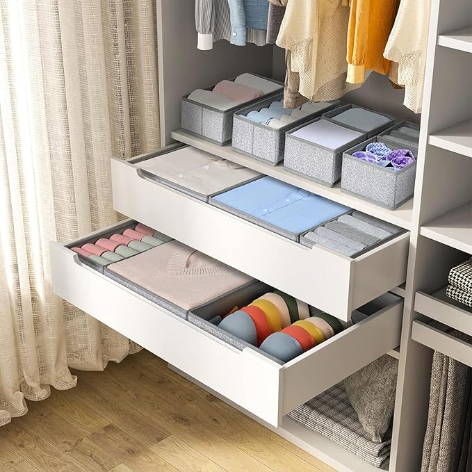 DIMJ Drawer Organizer Clothes 12 Pack - Foldable Baby Organizers and Storage & Dresser Organizer for Bedroom, Closet - Nursery Organization Dresser Dividers for underwear, Sock,Bra, Belt, Tie, Gray-Ruum Studio Home