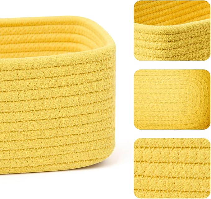 Small Storage Baskets for Organizing | Closet Organizer Bins | Shelf Toy Basket | Woven Rope Baskets | Cube Decorative Box | Shallow Basket | 11.5x7.5x4.7” | 4 Packs Yellow-Ruum Studio Home