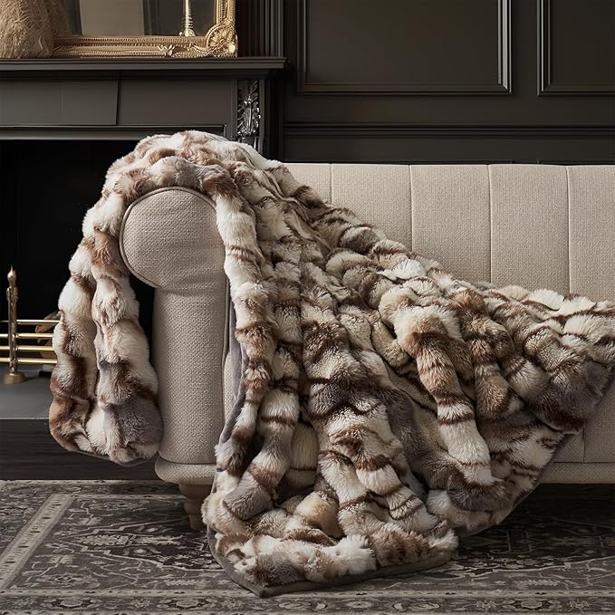 EVERGRACE Ultra Soft Luxury Fluffy Ridgeline Faux Rabbit Fur Throw Blanket, Thick Warm Bubble Throw for Bed, Cozy Plush Reversible Blankets for Couch, Chair, Sofa, Beige & Gray, 60x80 Inches, 870 GSM-Ruum Studio Home