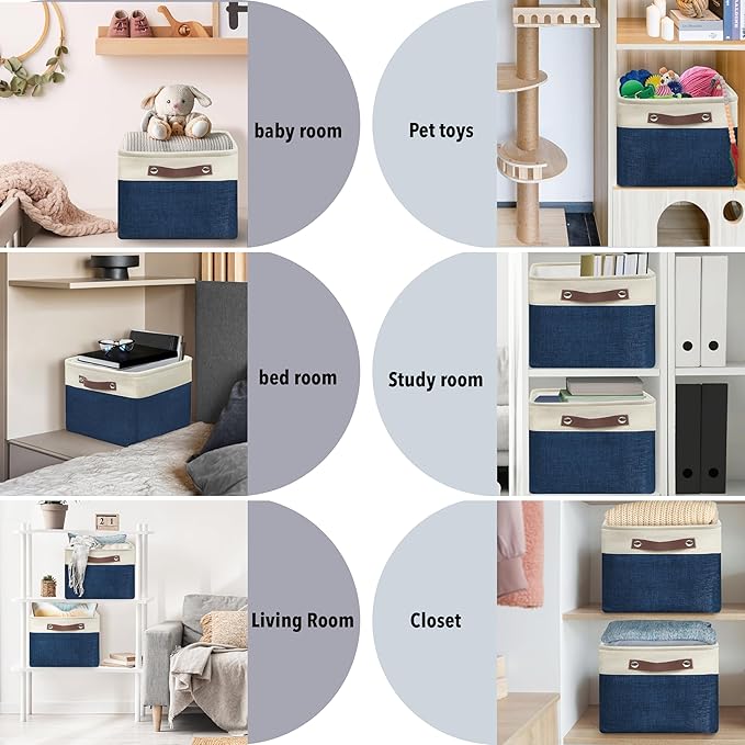 SIMPLE HOUSEWARE Large Fabric Storage Bin, 15" x 11" with Leather Like Handles, 3 Pack, Steel Blue-Ruum Studio Home