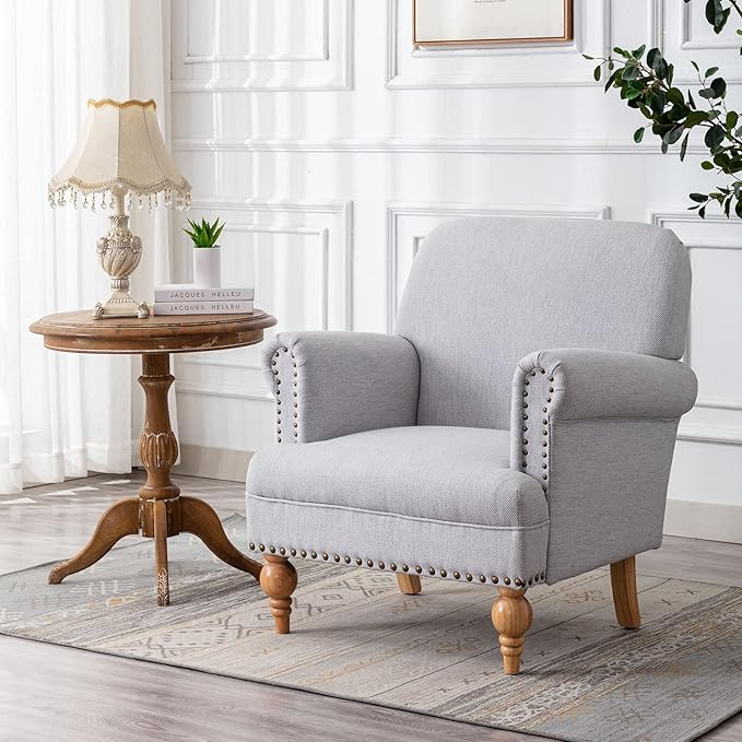 chairus Linen Accent Chair for Living Room Set of 2 Upholstered Mid Century Modern Single Sofa Chair with Solid Wood Legs Comfy Reading Chair Armchair for Bedroom/Office Room/Recption/Lounge, Grey-Ruum Studio Home
