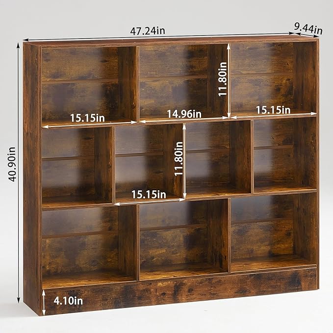 LEYAOYAO 10 Cube Bookshelf with Base,3 Tier Mid-Century Modern Grey Bookcase,Standing Wide Bookshelves Storage Organizer Shelf,Rustic Wood Display Cabinet Book Shelves for Bedroom,Living Room,Office-Ruum Studio Home