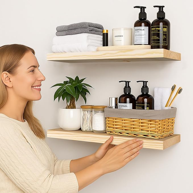 BGMG Wood Floating Shelves 24 inch, Wide Rustic Wooden Wall Shelves for Bathroom Living Room Bedroom Kitchen Farmhouse Set of 2-24x 6.7 x1.25 inch- DIY-Unfinished-Ruum Studio Home