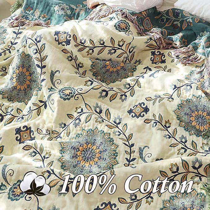 Snycler Boho Throw Blanket for Bed - 100% Cotton Ultra Soft Rustic Quilt - Blue Green Floral Printed Farmhouse Decor Bed Blankets, 80"×90" All Season Rustic Throw for Sofa Couch Chair-Ruum Studio Home