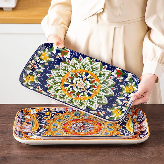 vancasso Serving Platters Set of 3, 16"/14"/12" Inch Rectangular Trays - Serving Platter Extra Large, Bohemian Ceramic Serving Dish for Entertaining Food, Microwave & Dishwasher Safe, Colorful-Ruum Studio Home