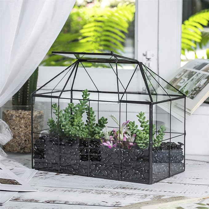 NCYP Glass Terrarium Planter with Lid for Small Succulent Cacti, Grid House Shape Black Geometric Terrarium Pot, Home Garden Indoor Tabletop Decor, 9.84" x 5.31" x 7.87" (No Plants)-Ruum Studio Home