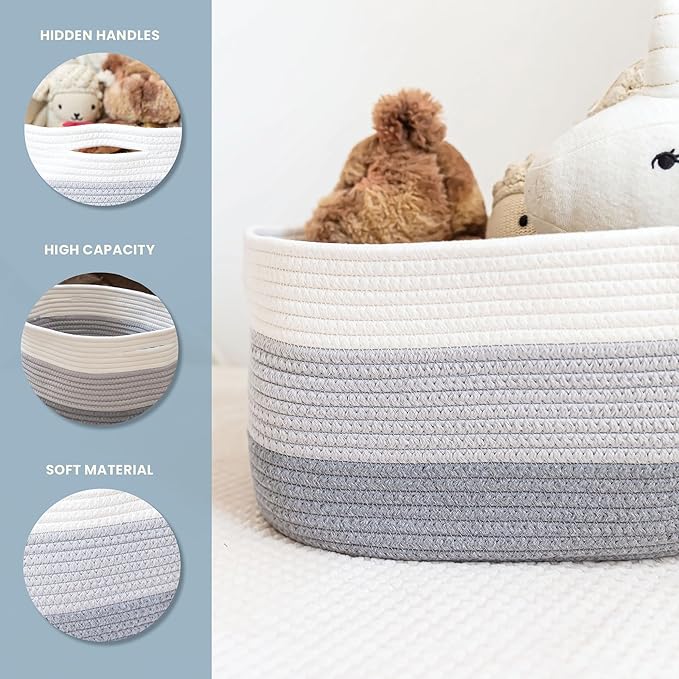 OrganiHaus Set of 3 Woven Storage Baskets for Organizing, Cotton Rope Organizer Bins for Shelves, Closet & Nursery, Dog Toy Basket, Decorative Bins for Toys, Towels & Books - 15x10x9, Grey-Ruum Studio Home