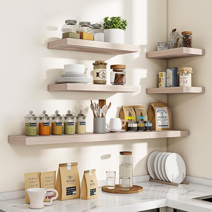 16 Inch Floating Shelves, 3D Textured Wood Grain, 16"x9.25"x1.5" Inch Deep Floating Shelves for Wall, Wooden Shelves for Bathroom, Bedroom, Living Room, Washed White-Ruum Studio Home