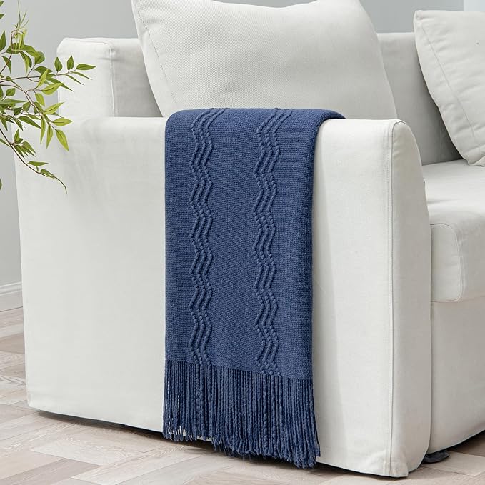 MIULEE Navy Blue Knitted Throw Blanket for Couch Textured Knit Blanket with Tassels Cozy Woven Boho Bed Blanket for Sofa Bed Chair Acrylic Wave Pattern 50"x60"-Ruum Studio Home