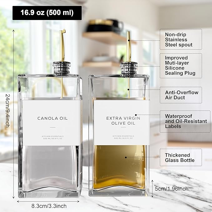 Olive Oil Dispenser for Kitchen, 16.9 oz/ 500 ml Olive Oil Dispenser Bottle, Glass Oil Bottles for Kitchen with 4 Stainless Steel Pourers, 40 Labels, 2 Pcs, Gold-Ruum Studio Home