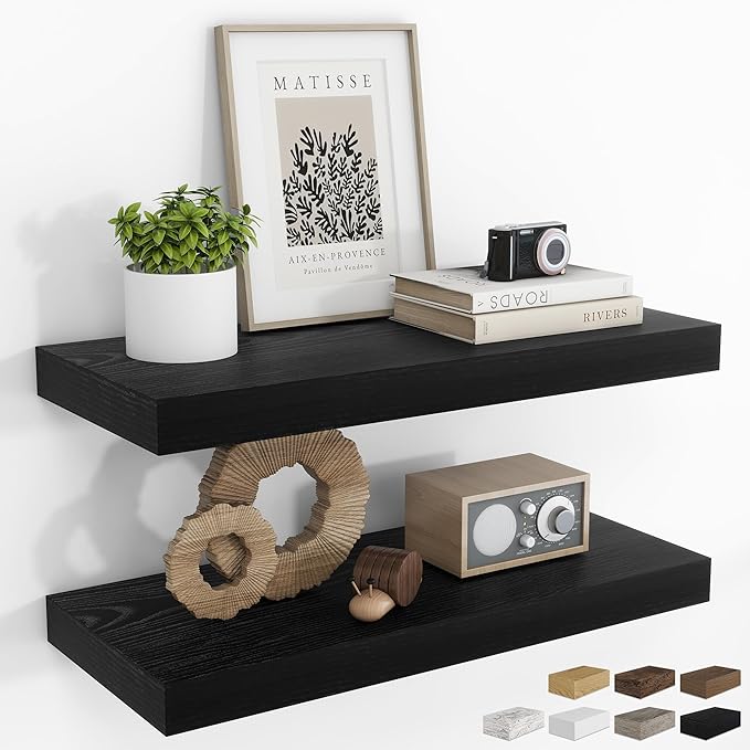 RICHFOCUS 24Inch Floating Shelves for Wall 2 Pack Shelves for Bedroom|Kitchen|Bathroom Wall Mounted Rustic Wood Floating Shelf with Invisible Brackets for Books|Storage|Decor, Black-Ruum Studio Home