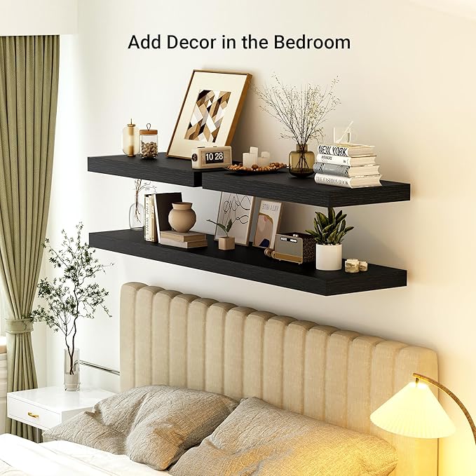 Heimlove 12 Inch Deep Floating Shelves, 55 x 12 inches Long Wall Shelf, Large Extra Display Shelf & Storage Shelf, Rustic Wood Wall Shelves for Fireplace Mantel, Set of 1(Black)-Ruum Studio Home