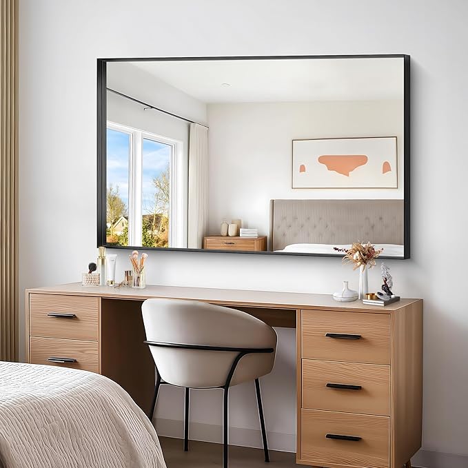 Black Bathroom Mirror, 36x55 Inch Rectangular Deep Frame Mirror, Large Wall Mounted Bathroom Vanity Mirror Over Sink for Bedroom,Restroom, Living Room, Hangs Vertically or Horizontally-Ruum Studio Home