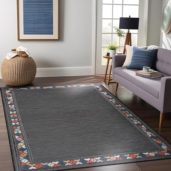 Beverly Rug Outdoor Rug 9x12 Modern Bordered Large Area Rugs for Indoor and Outdoor Patio Easy to Clean Non Shedding Living Room Porch Garden Washable Outside Carpet (9 x 12 Dark Gray)-Ruum Studio Home
