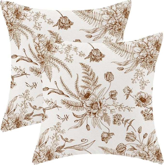 CXMEIFLY Spring Floral Leaves Pillow Covers 16 x 16 Inch Set of 2 for Chinoiserie Flowers Decor Throw Pillows Brown and White Seasonal Plant Outdoor Decorative Cushion Cases for Couch Bed Decorations-Ruum Studio Home