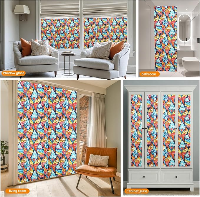 Window Privacy Film Stained Glass Decorative Static Clings Frosted Window Tint for Home Room Decor Bathroom Door Car Stickers with Glittering Effect, Removable(Tulip)-Ruum Studio Home