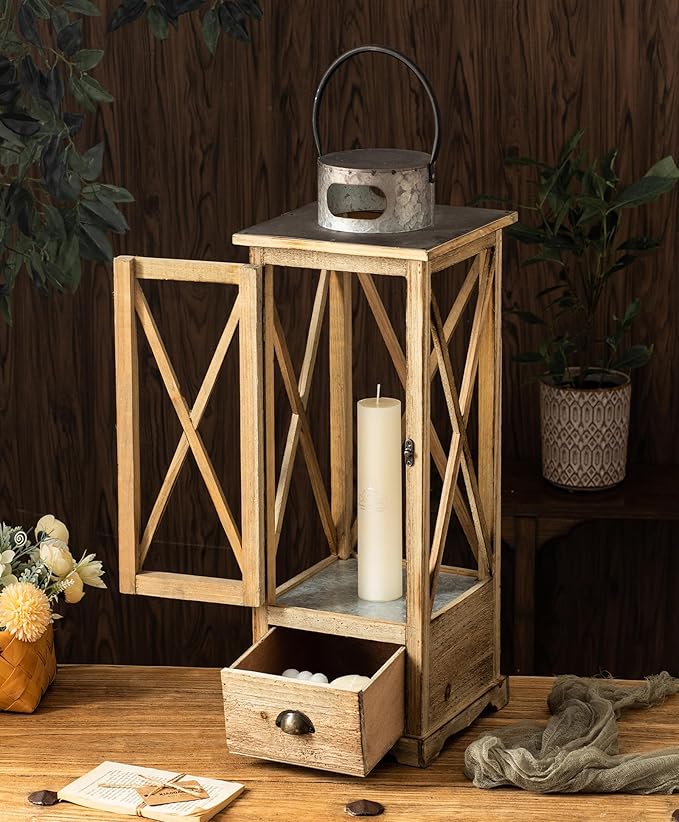 TIMRIS Large Farmhouse Wooden Candle Lantern Set of 2, Rustic Floor Candle Lanterns with Drawer, Vintage Hurricane Lantern Holder for Indoor Outdoor Decor (No Glass)-Ruum Studio Home