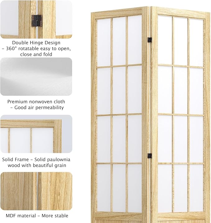 5.6FT Room Divider and Folding Portable Partition Screen, Chinese Japanese Shoji Style for Room Separation - 4 Panel (Natural)-Ruum Studio Home