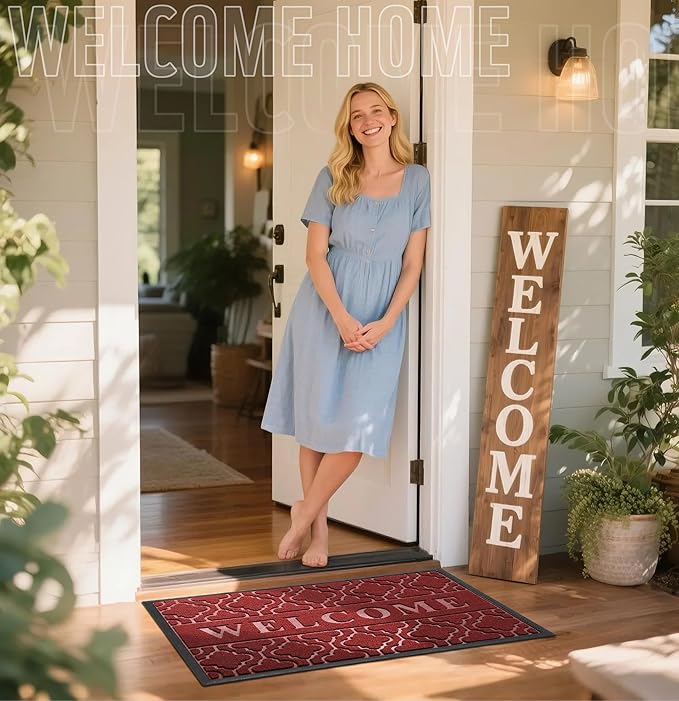 Yimobra Welcome Mat Outdoor Indoor, All-Season Waterproof Front Door Mat Outside Entrance, All-Weather Heavy Duty Non-Slip Doormat, Low Profile Porch Patio Entrance Mats, 36x24, Red-Ruum Studio Home