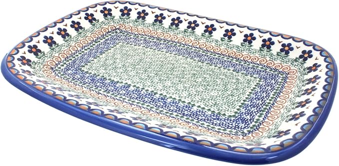 Blue Rose Polish Pottery Aztec Flower Large Rectangular Serving Platter-Ruum Studio Home