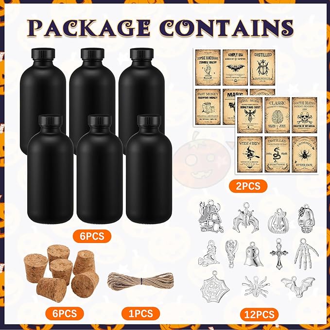 Uiifan 31 Pcs Halloween Potion Bottles Set Including Glass Apothecary Bottles with Cork Stickers and Pendants Halloween Decorations Indoor Party Supplies (Black,8.5 oz)-Ruum Studio Home