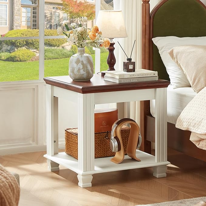 Farmhouse End Table with 2-Tier Storage Shelf, 22.8 inch Side Table for Living Room,Modern Nightstand,Small Bedside Table for Bedroom,White-Ruum Studio Home