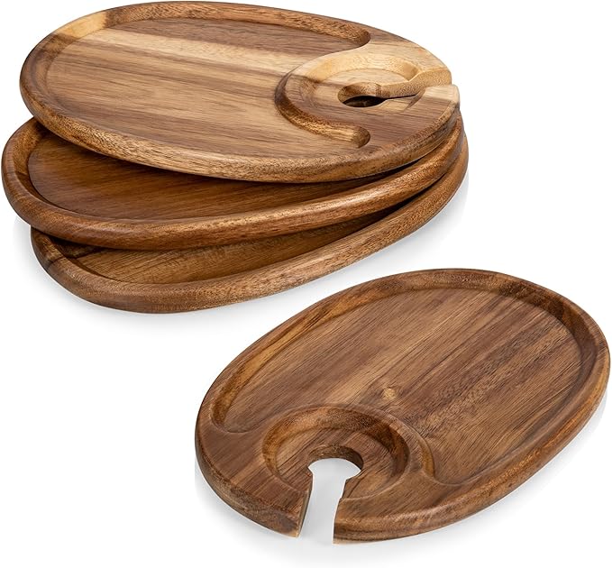 PICNIC TIME TOSCANA -Wine Appetizer Plates, Cocktail Plate with Glass Holder, Cheese Board with Wine Holder, (Acacia Wood), 9 x 6, Set of 4-Ruum Studio Home