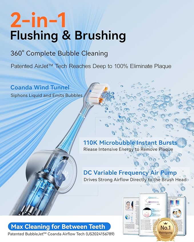 RANVOO [Vibrating & Flossing 2-in-1 AirJet Bubble Sonic Electric Toothbrush, 100% Plaque Removal, Whiter for Adult Protect Gum Orthodontic Teeth Clean Rechargeable Gift with 2 Soft Brush Heads Grey-Ruum Studio Home