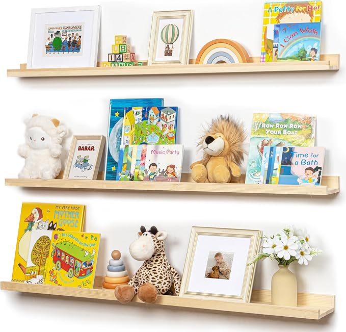 Picture Ledge Shelf for Wall, 48 inches Solid Pine Wood Nursery Book Shelves 3 Packs, Floating Ledge Shelves for Kids' Room Bedroom Bathroom Long Floating Shelves for Wall Nursey Wall Decor, Natural-Ruum Studio Home