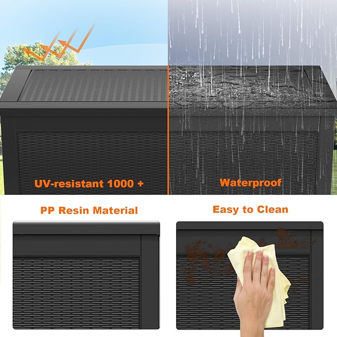 260 Gallon Resin Deck Box, Lockable Patio Outdoor Storage Box for Furniture, Garden Tools and Tools Storage, Waterproof Outside Storage Boxes - Black-Ruum Studio Home