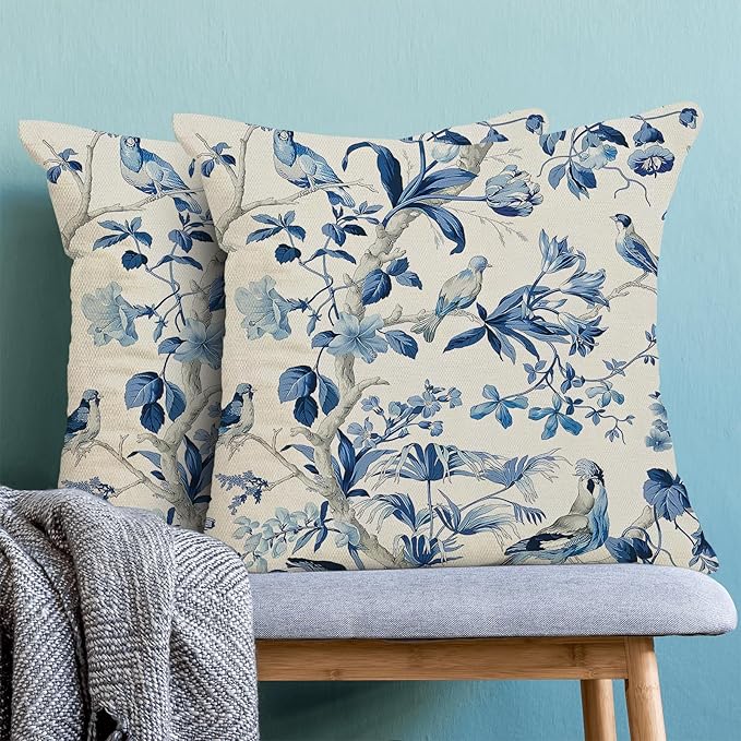 CXMEIFLY Navy Blue Spring Floral Pillow Covers 18 x 18 Inch Set of 2 for Chinoiserie Flowers Bird Decor Throw Pillows Vintage Plant Outdoor Decorative Cushion Cases for Couch Bed Decorations-Ruum Studio Home