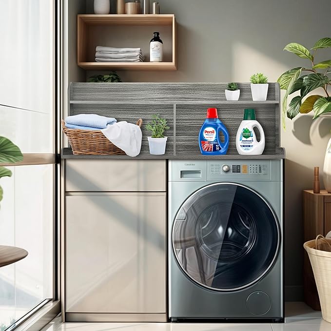 Royxen 2-Tier Washer Dryer Countertop,19.5"H Wood Washer and Dryer Topper with Shelf,Laundry Countertop Over Washer and Dryer, Universal Fit for Laundry Room Organization (Eucalyptus, 54"W X 27.5"D)-Ruum Studio Home