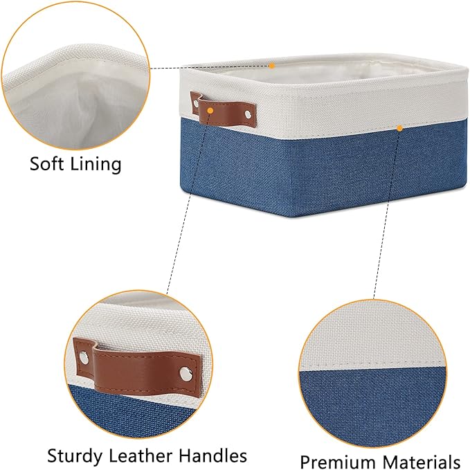 DULLEMELO Set of 6 Small Baskets for Organizing, Small Fabric Storage Bins for Toys Storage, Collapsible Storage Bins with Leather Handles for Shelves, Closets, Laundry, Nursery(White&Blue)-Ruum Studio Home