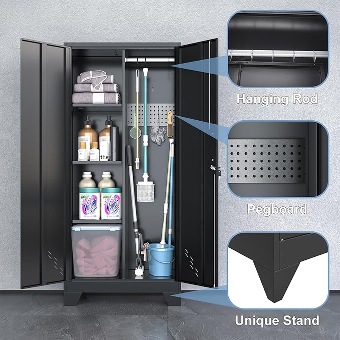 Metal Storage Cabinet with Locking Doors, 61" Tall Garage with Hanging Rod, Broom Closet, Freestanding Bathroom Storage Cabinet, Cleaning Tool,Black-Ruum Studio Home