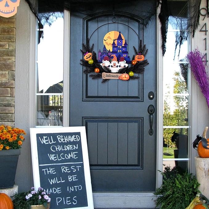 Lighted Halloween Wreaths for Front Door, Welcome Metal Wooden Door Wreath Decor Hanging Sign, 30 LED Lighted Wall Decor Battery Operated for Halloween Indoor Outdoor (Dwarf)-Ruum Studio Home