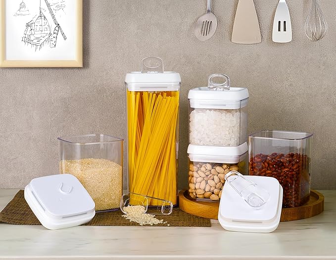 Felli Flip Tite Food Storage Container 5" LARGE 5pk Set + No Residue Label, Airtight Lid Easy Lock Top Stackable, Plastic Canister Jar for Pantry Kitchen Fridge Organizer Pasta Protein Powder Spice-Ruum Studio Home