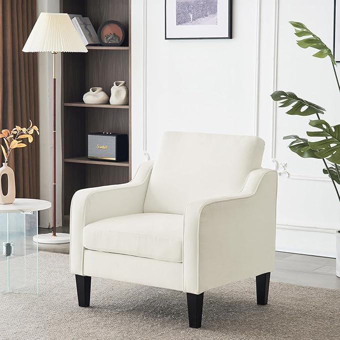 VINGLI Mid Century Modern Accent Chairs for Living Room, Cream White Comfy Reading Chair Soft Chenille Sofa Chairs Upholstered Side Armchair for Living Room, Bedroom, Apartment-Ruum Studio Home