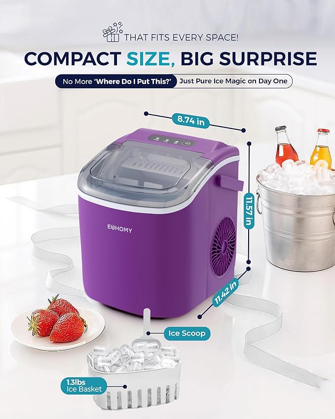 EUHOMY Countertop Ice Maker Machine with Handle, 26lbs Per Day, 9 Ice Cubes Ready in 6 Mins, Auto-Cleaning Portable Ice Maker with Basket and Scoop, for Home/Kitchen/Camping/RV (Purple)-Ruum Studio Home