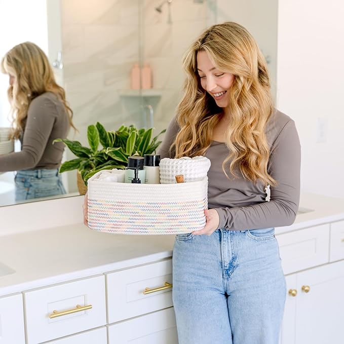 NaturalCozy 13.5”x8.5”x5.5” Rectangle Storage Baskets for Shelves 3 Pack | Cotton Rope Woven Small Baskets for Organizing | Small Storage Bins for Nursery, Bathroom, Closet, Shelf, Decorative-Ruum Studio Home