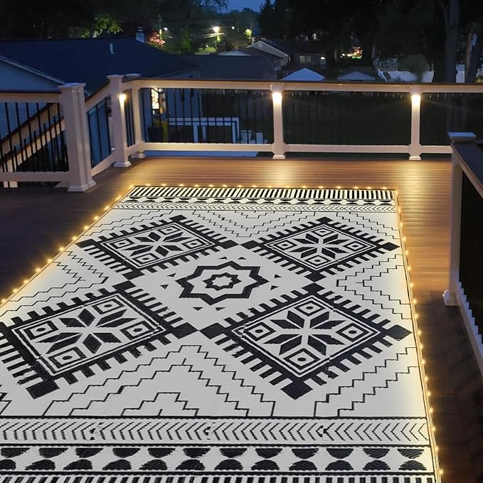 6x9ft Waterproof Outdoor Rug with LED Lights, Boho Reversible Plastic Straw Mat for Patio RV Camping Picnic Balcony Beach Deck Indoor Outdoor Carpet, Black&White-Ruum Studio Home