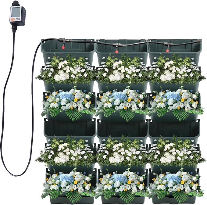 Self-Watering Wall-Mounted Planter, Vertical Garden Planter Set with 18 Pots, Stackable Plant Grow Pots with Electronic Timer for Growing Veggies, Fruits, Herbs, Flowers.-Ruum Studio Home