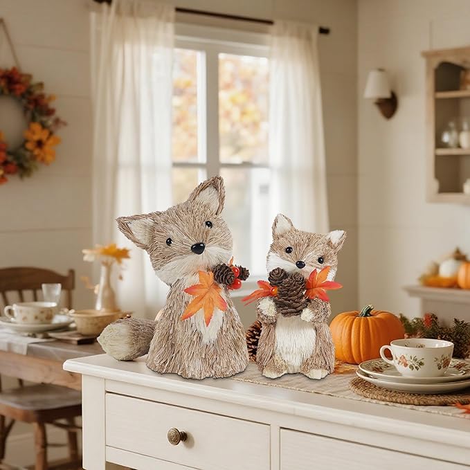 winemana Fall Decor Thanksgiving Decoration Sisal Fox, Set of 2 Table Centerpiece Foxes Animals Figurines, Handmade Ornaments Autumn Fall Decorations for Home Mantel Fireplace-Ruum Studio Home