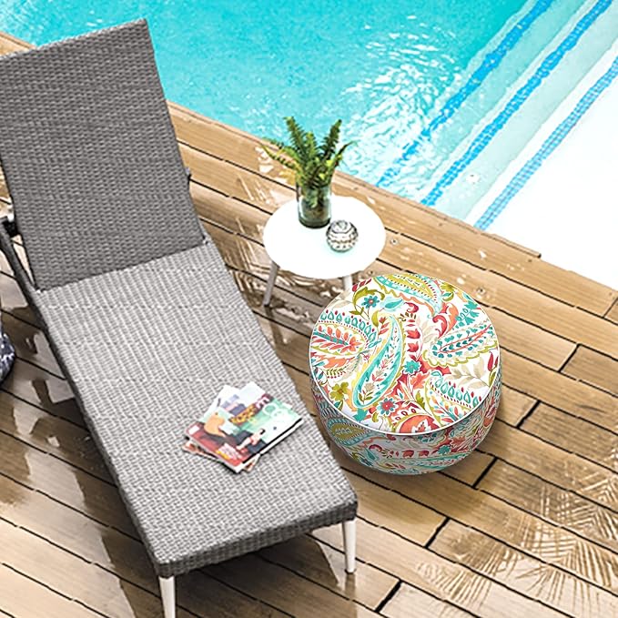 LVTXIII Inflatable Stool Ottoman Footrest with Handle, Decorative Fade-Resistant Foot Stool, Indoor or Outdoor Pouf for Home Patio Garden and Camping Use, D21 x W 21 x H9, Warm Paisley-Ruum Studio Home